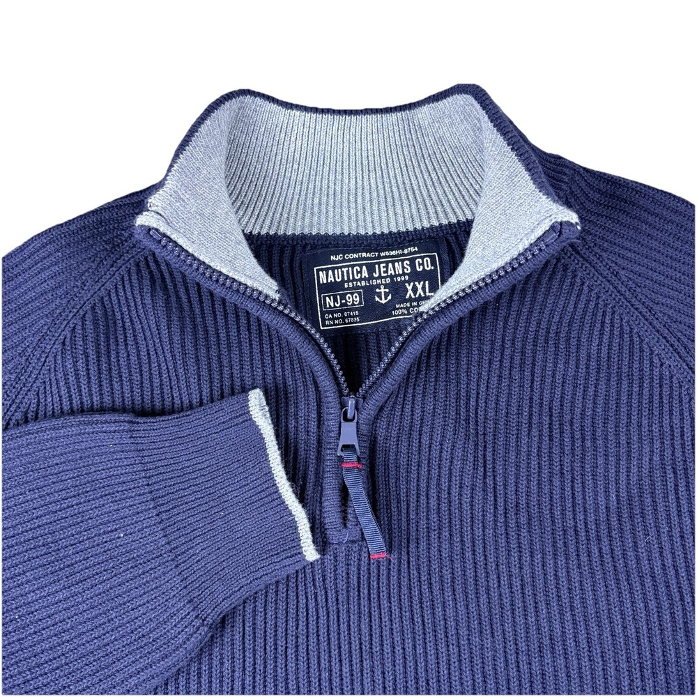 Vintage 90s Nautica Jeans Co Men Quarter Zip Ribbed Cotton Navy Blue Sweater XXL